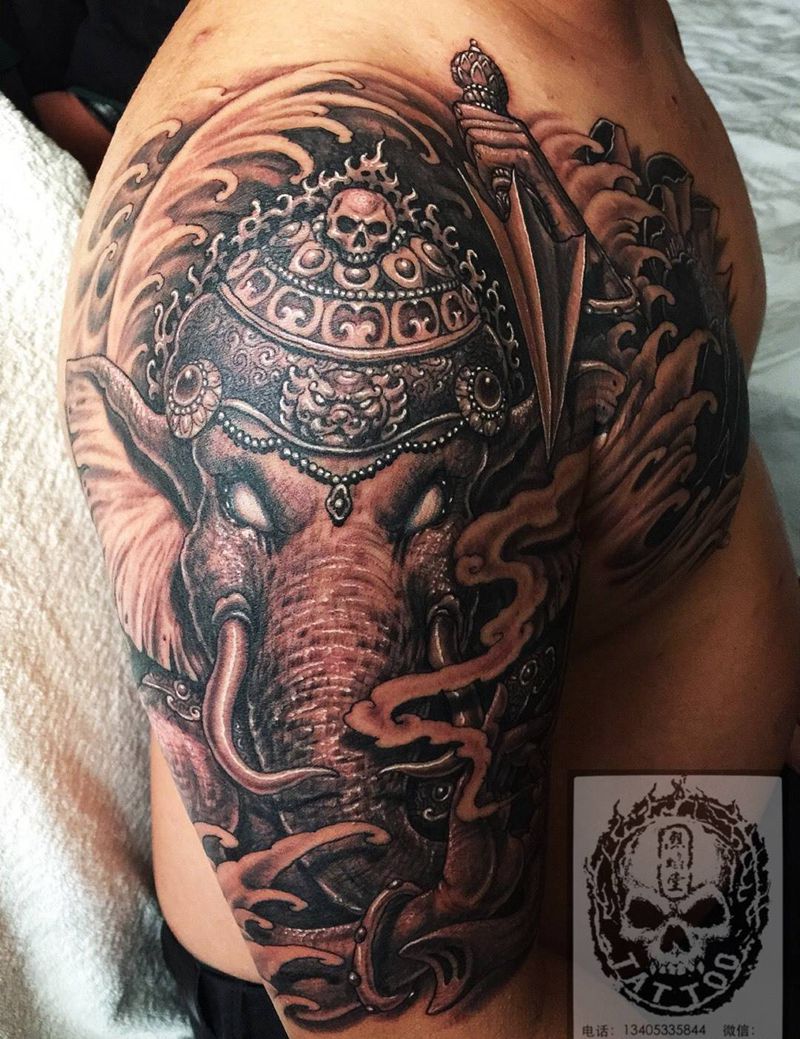 象神莲花纹身图片_成品胸部肩部传统动物原创遮盖作品神兽宗教纹身图案