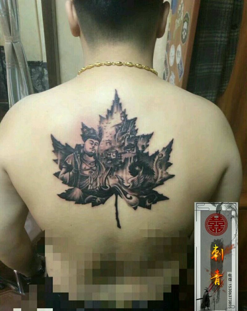 叶子佛纹身图片_背部肩部新传统老传统叶子佛纹身图案