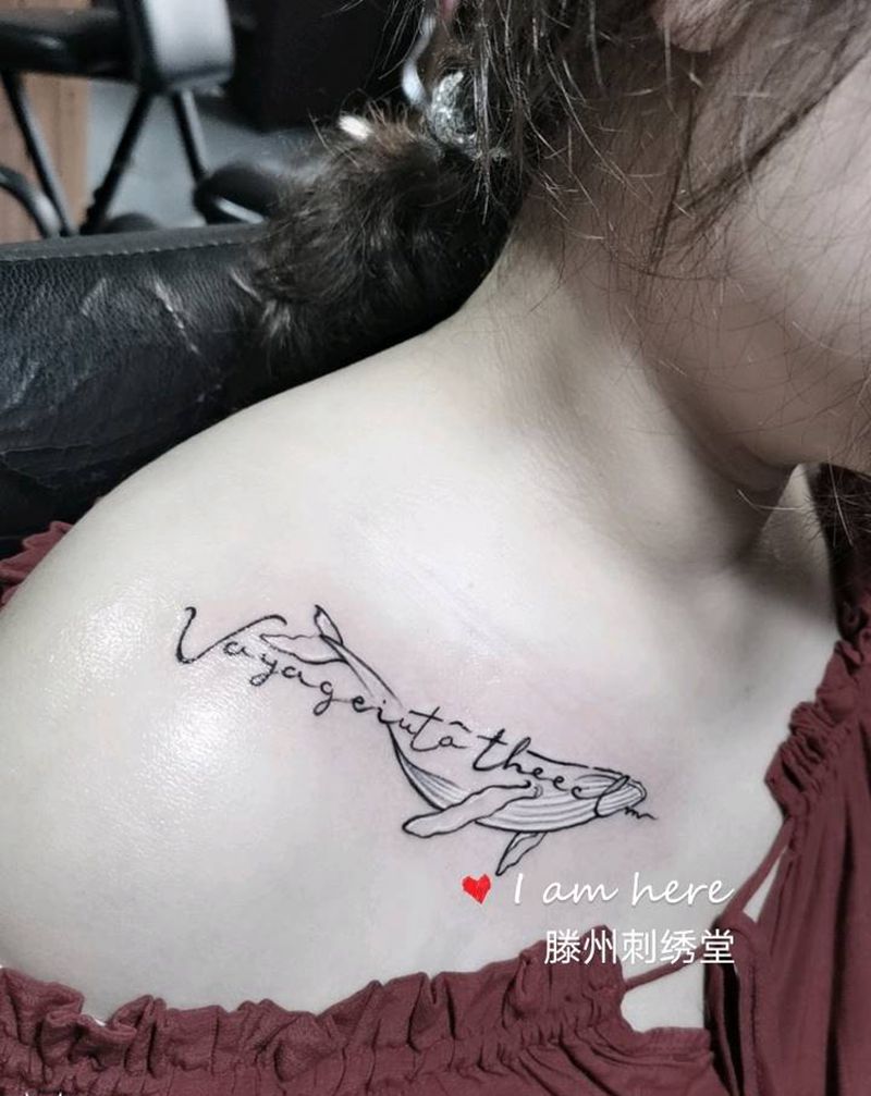 鲸纹身图片_胸部New School纹身图案