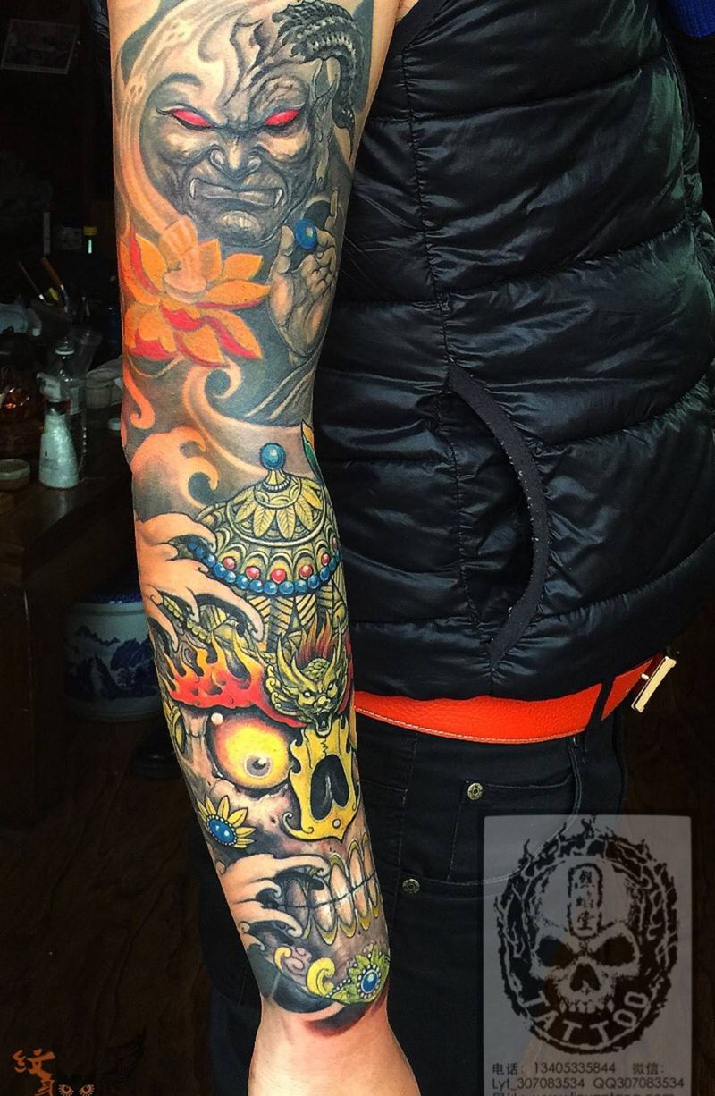 嘎巴拉纹身图片_成品手臂传统宗教原创人物动物修改纹身图案