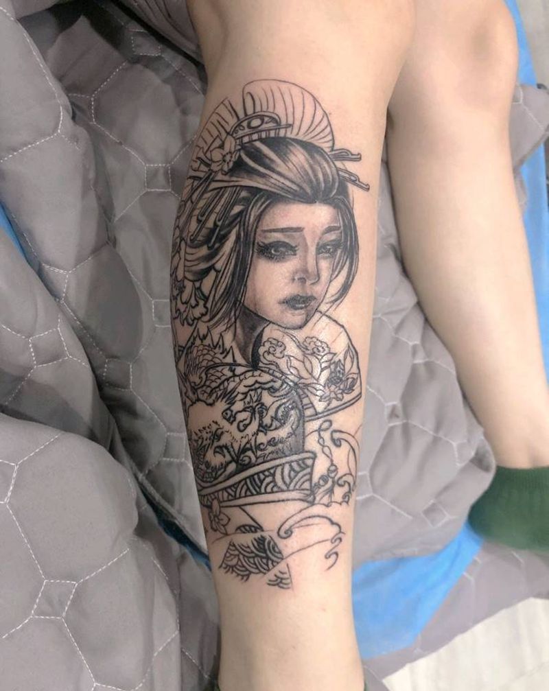 艺伎纹身图片_腿部新传统纹身图案