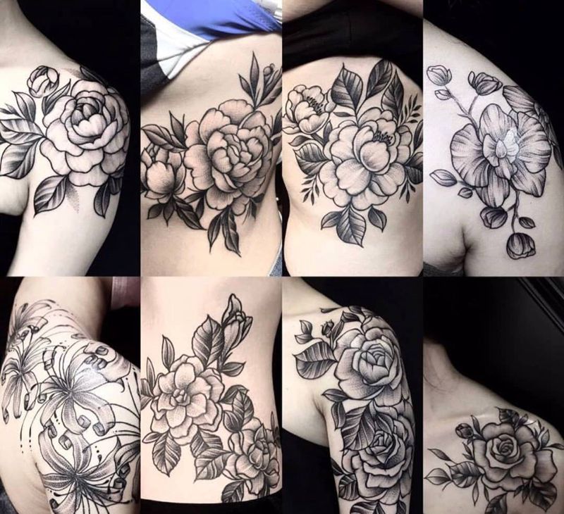 个性艺术的花纹身图片_成品美女牡丹花植物欧美传统腹部胸部肩部清新纹身图案