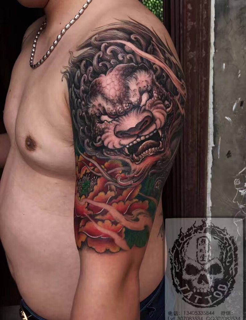 唐狮纹身图片_成品手臂欧美动物纹身图案
