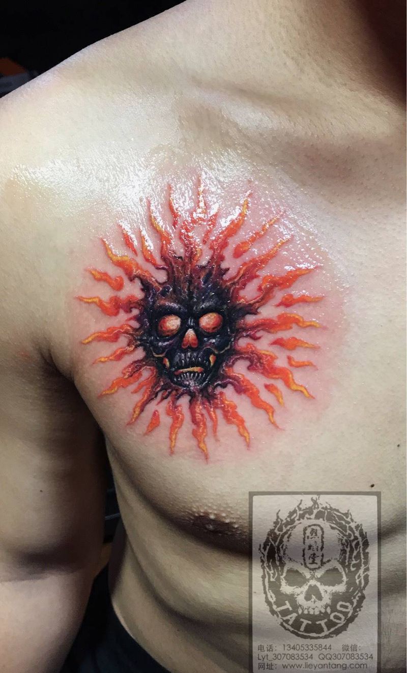 太阳月亮纹身图片_修改原创成品胸部纹身图案