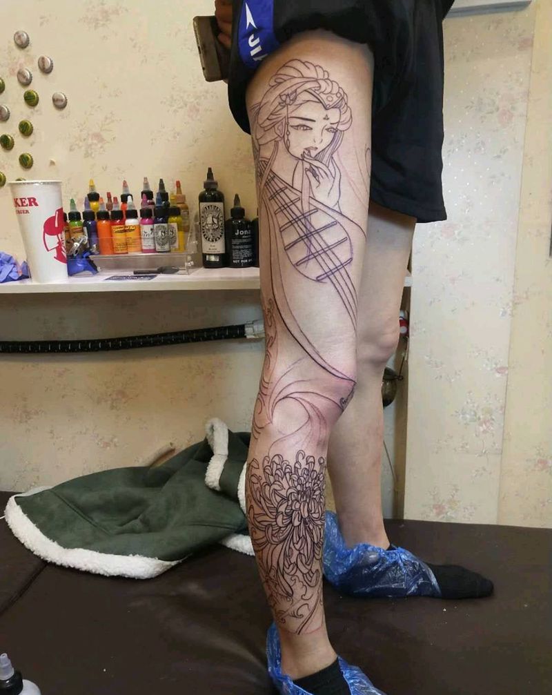 花腿进行中纹身图片