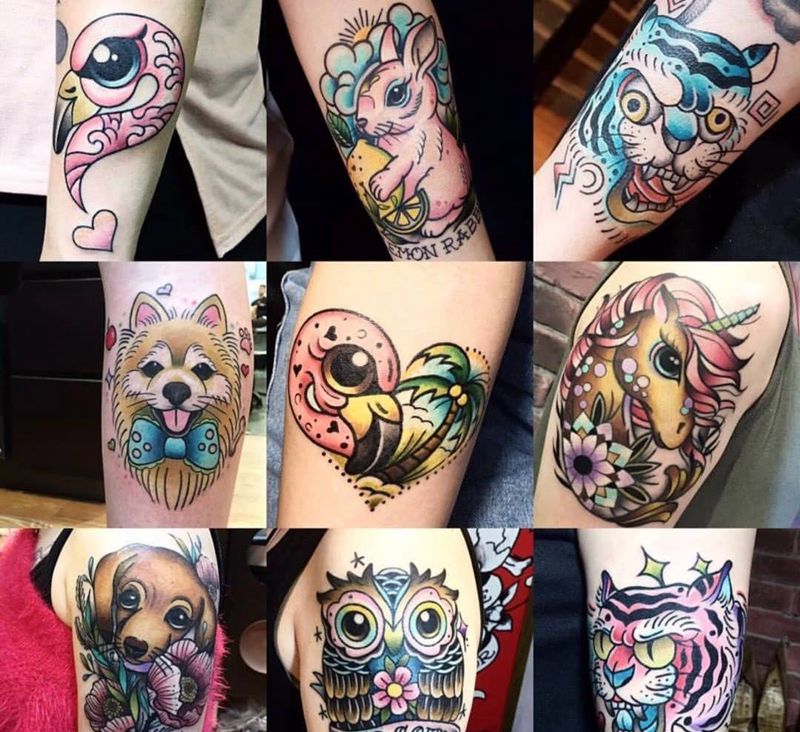 彩色小清新纹身图片_成品欧美传统new school水彩风格彩色贴纸动物鬼神清新纹身图案