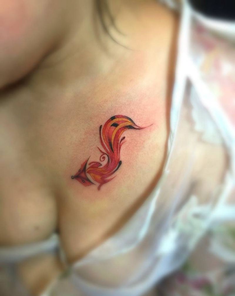 小狐狸纹身图片_成品胸部传统清新动物原创插画纹身图案