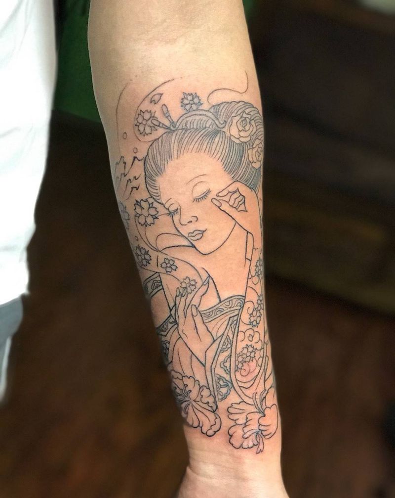 艺妓割线完成纹身图片_成品手臂传统肖像人物艺妓纹身图案