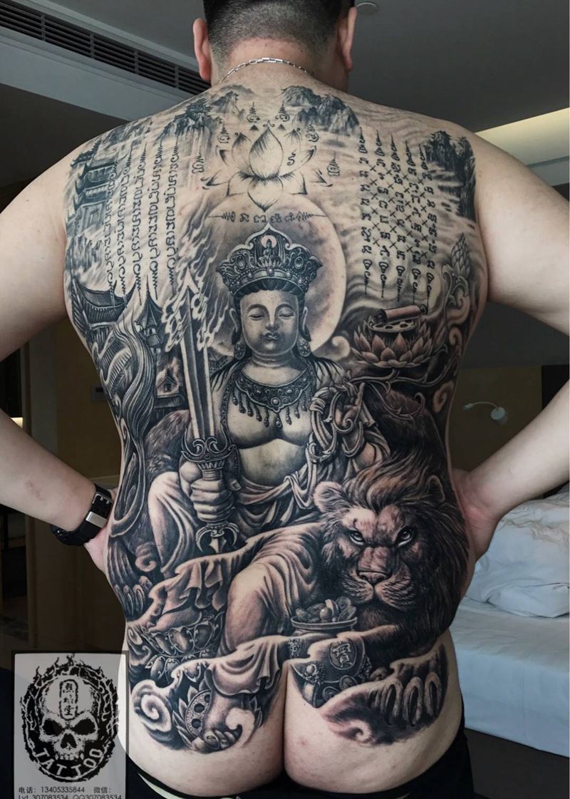 文殊菩萨纹身图片_成品背部传统原创神兽人物鬼神宗教纹身图案