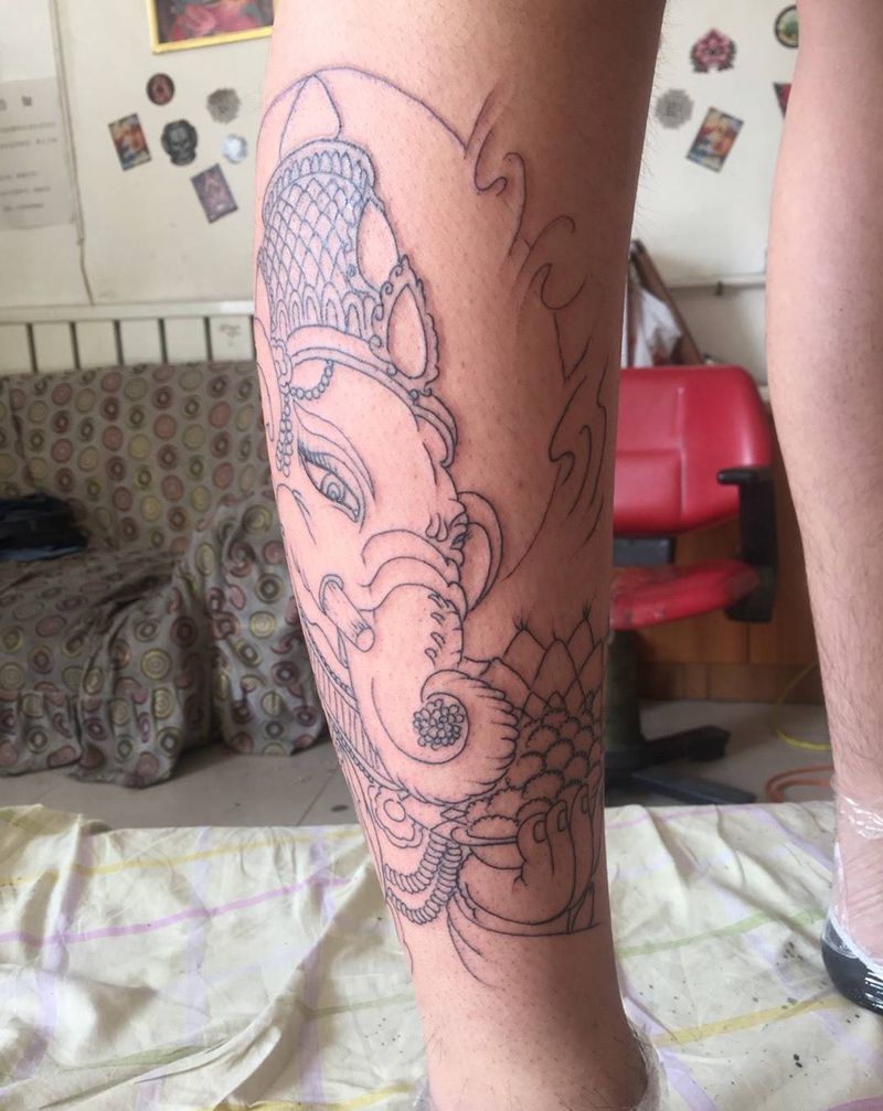 小腿象神（老店作品）纹身图片