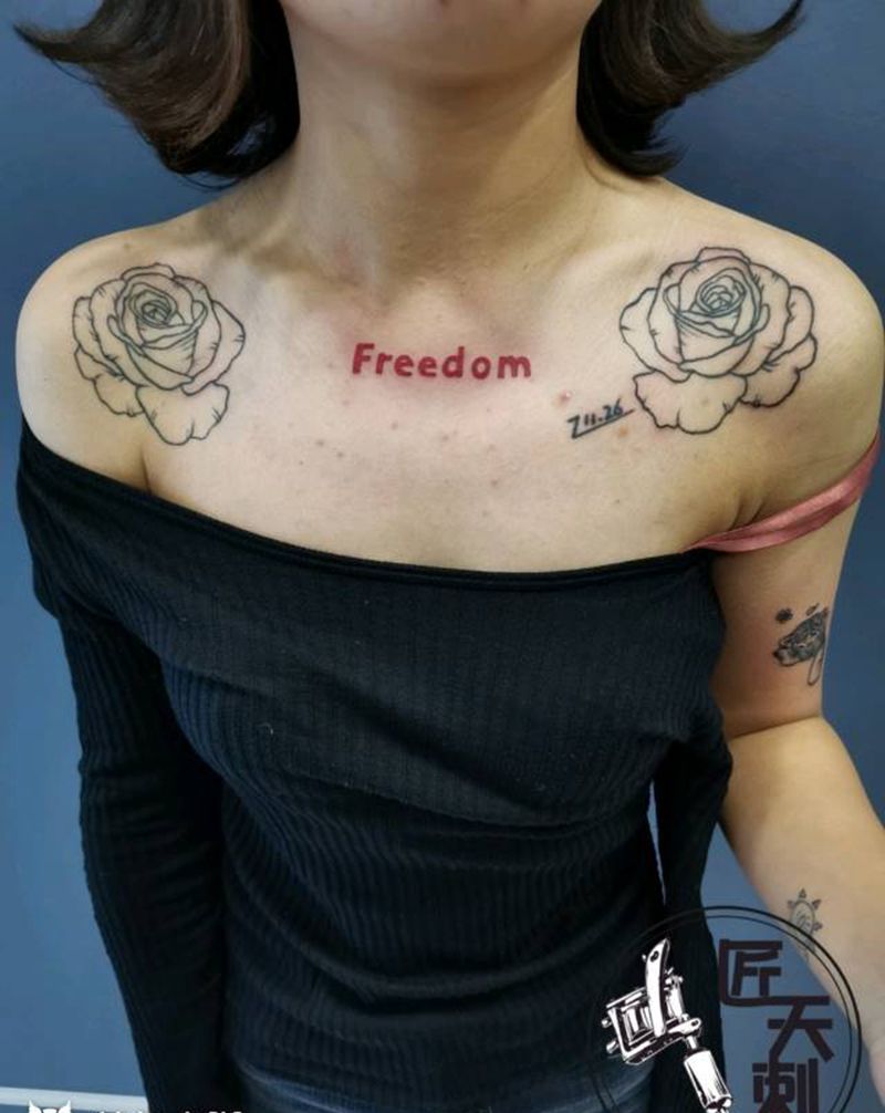 小英文纹身图片_颈部胸部几何花体字纹身图案