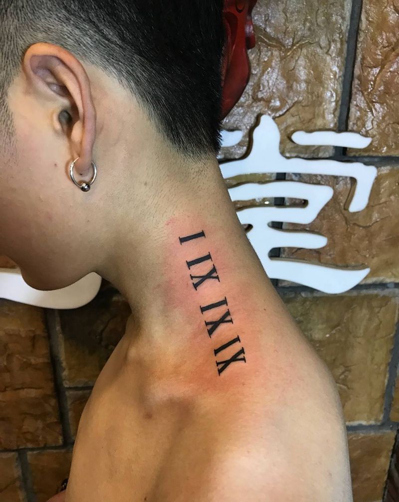罗马数字纹身图片_成品颈部欧美字符纹身图案