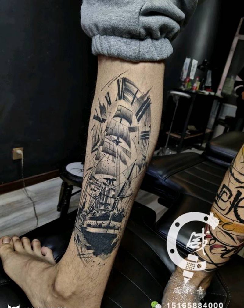 帆船纹身图片_腿部New School帆船纹身图案