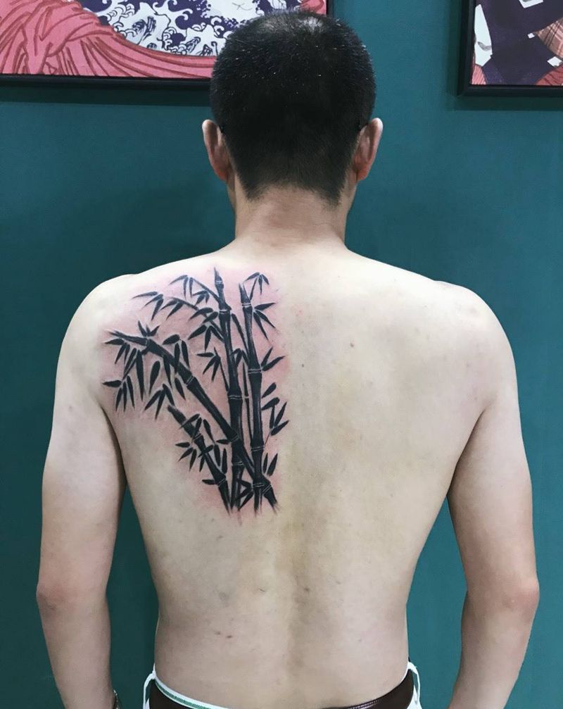 竹子纹身图片_成品背部传统国画植物纹身图案