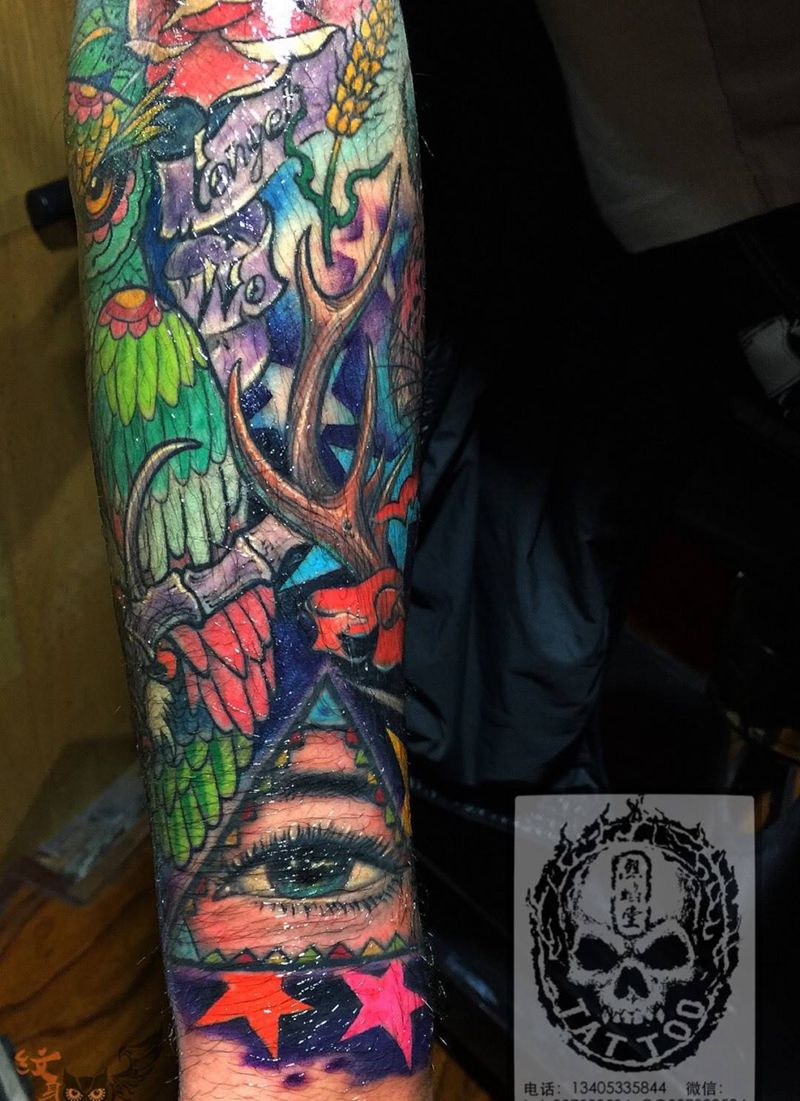 小臂纹身图片_成品手臂欧美动物人物几何植物原创纹身图案