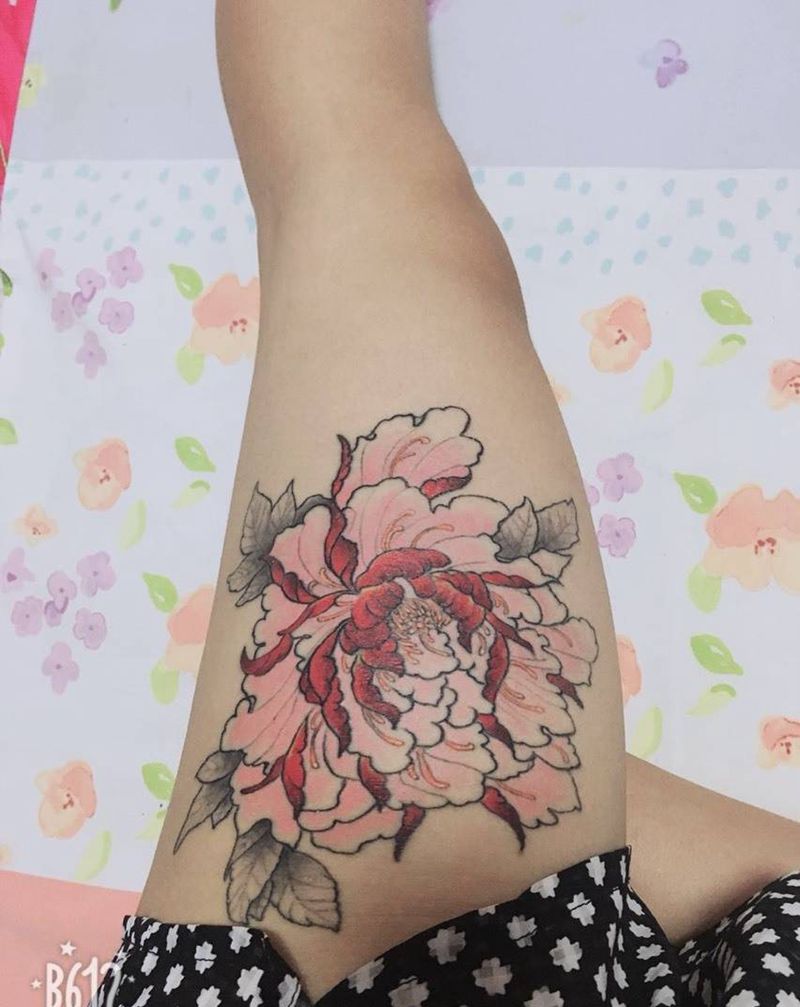 牡丹纹身图片_腿部纹身图案