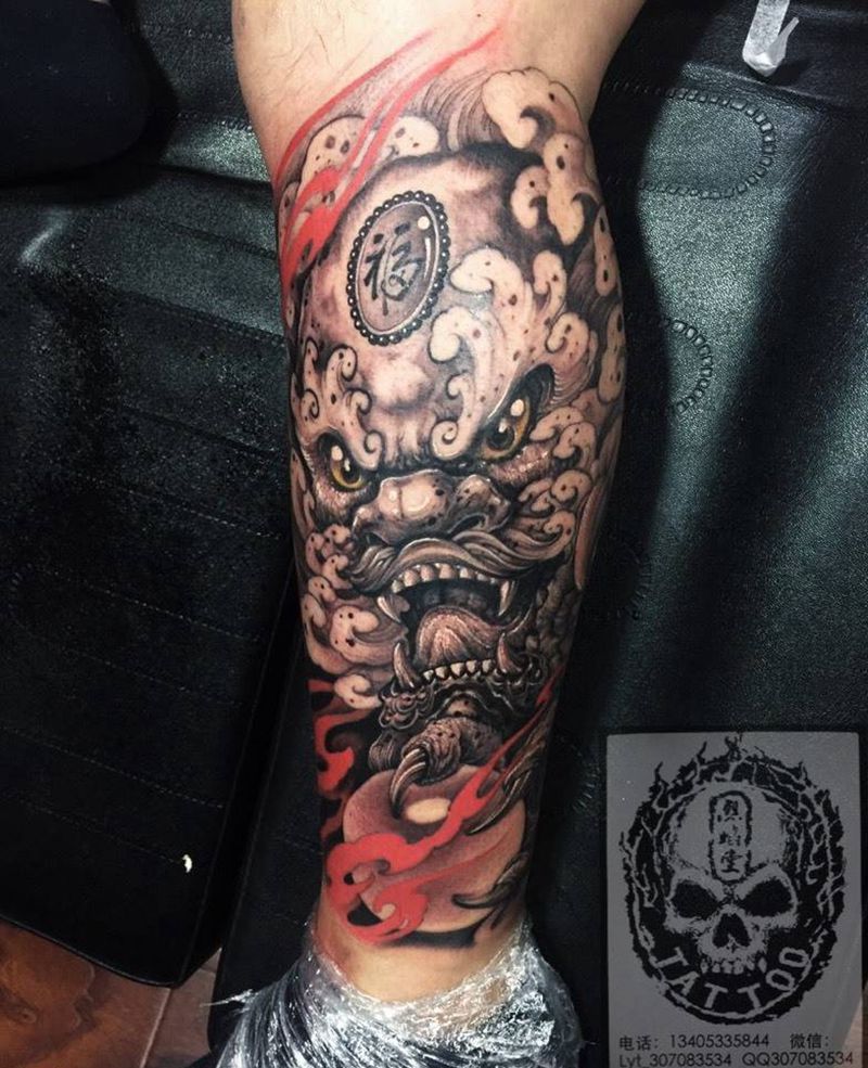 浩师傅作品 唐狮纹身图片_成品脚部传统动物纹身图案