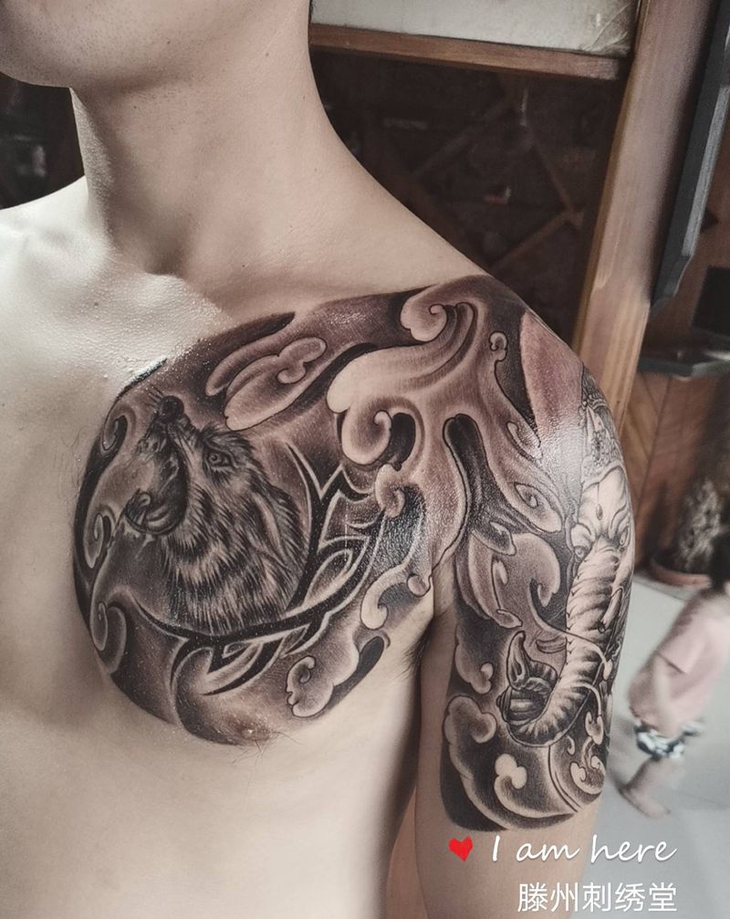 包甲纹身图片_肩部老传统纹身图案