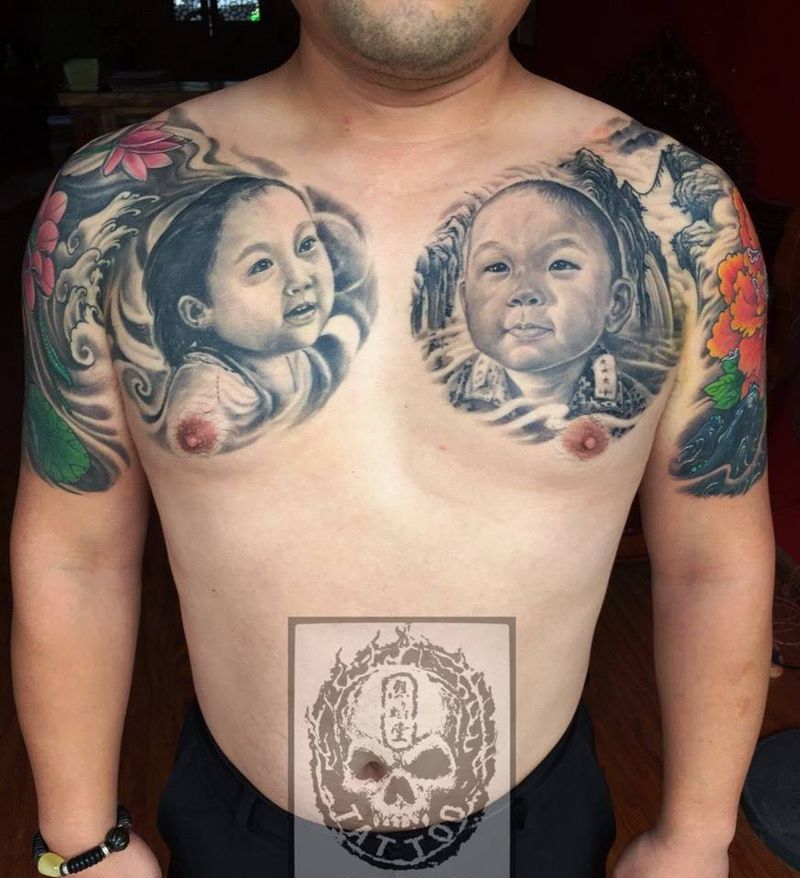 双甲纹身图片_成品肩部胸部欧美传统肖像修改人物纹身图案