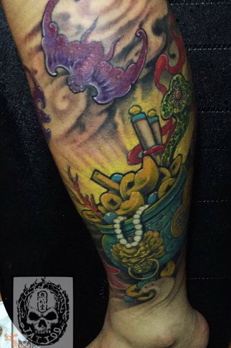 五福聚宝纹身图片_成品腿部传统原创动物人物宗教静物纹身图案