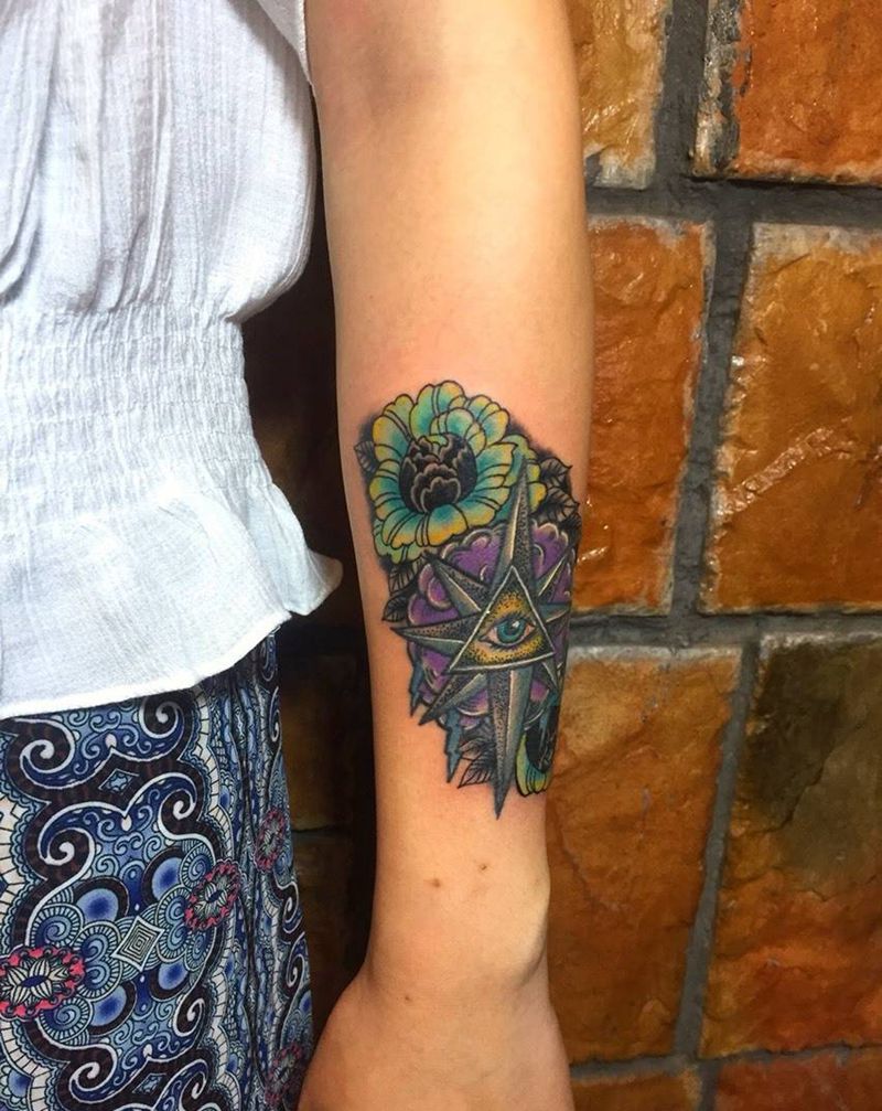 上帝之眼纹身图片_成品手臂欧美植物宗教玫瑰花纹身图案