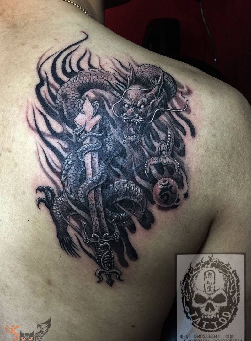 不动明王龙纹身图片_成品肩部传统原创鬼神动物遮盖作品纹身图案