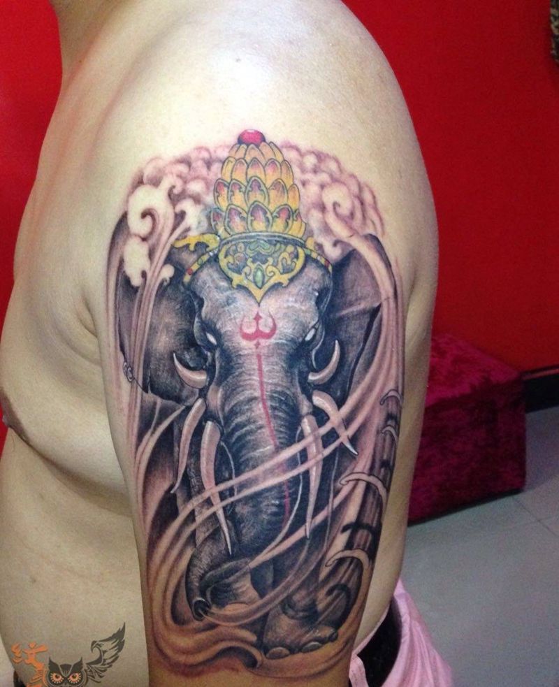 象神纹身图片_成品肩部传统动物纹身图案