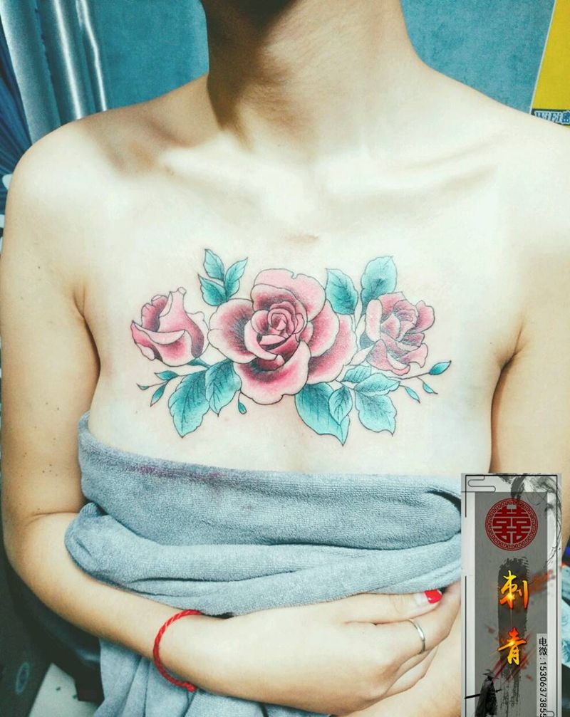 花遮盖疤痕纹身图片_胸部水彩新传统纹身图案