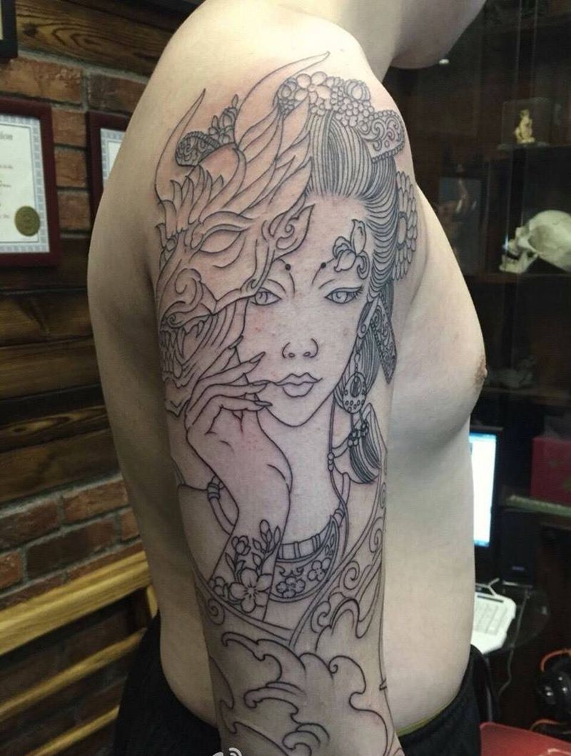 艺妓般若花臂割线完成，下次打雾！纹身图片_成品手臂传统人物鬼神宗教花臂纹身图案