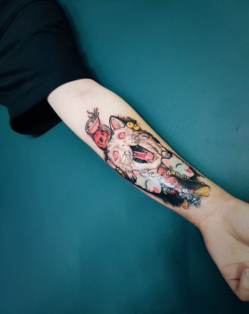 喵喵纹身图片_手臂New School纹身图案