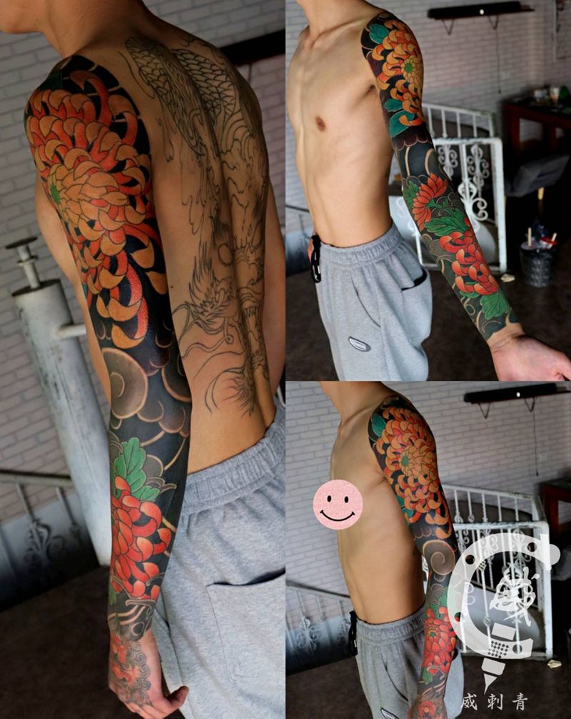 日式菊花纹身图片_手臂老传统菊花纹身图案