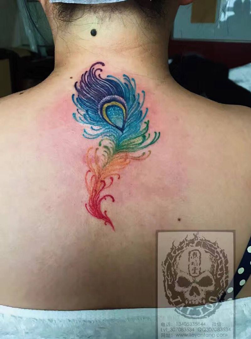 羽毛纹身图片_成品遮盖作品颈部欧美原创纹身图案