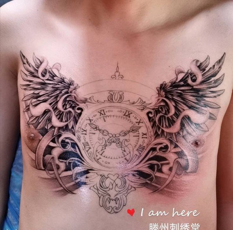 翅膀，钟表纹身图片_胸部纹身图案
