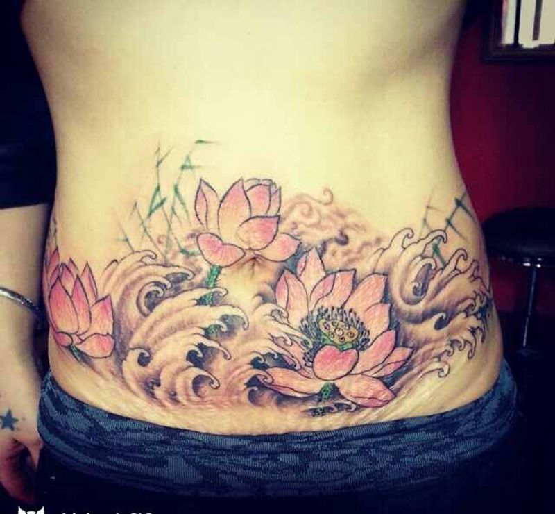 莲花纹身图片_成品遮盖作品腹部传统原创植物纹身图案
