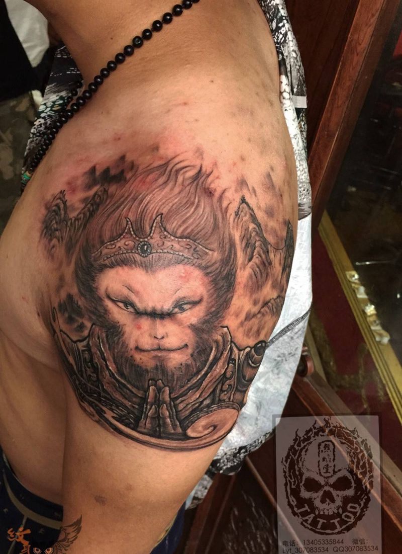 善念佛心纹身图片_成品肩部传统原创宗教人物鬼神遮盖作品纹身图案