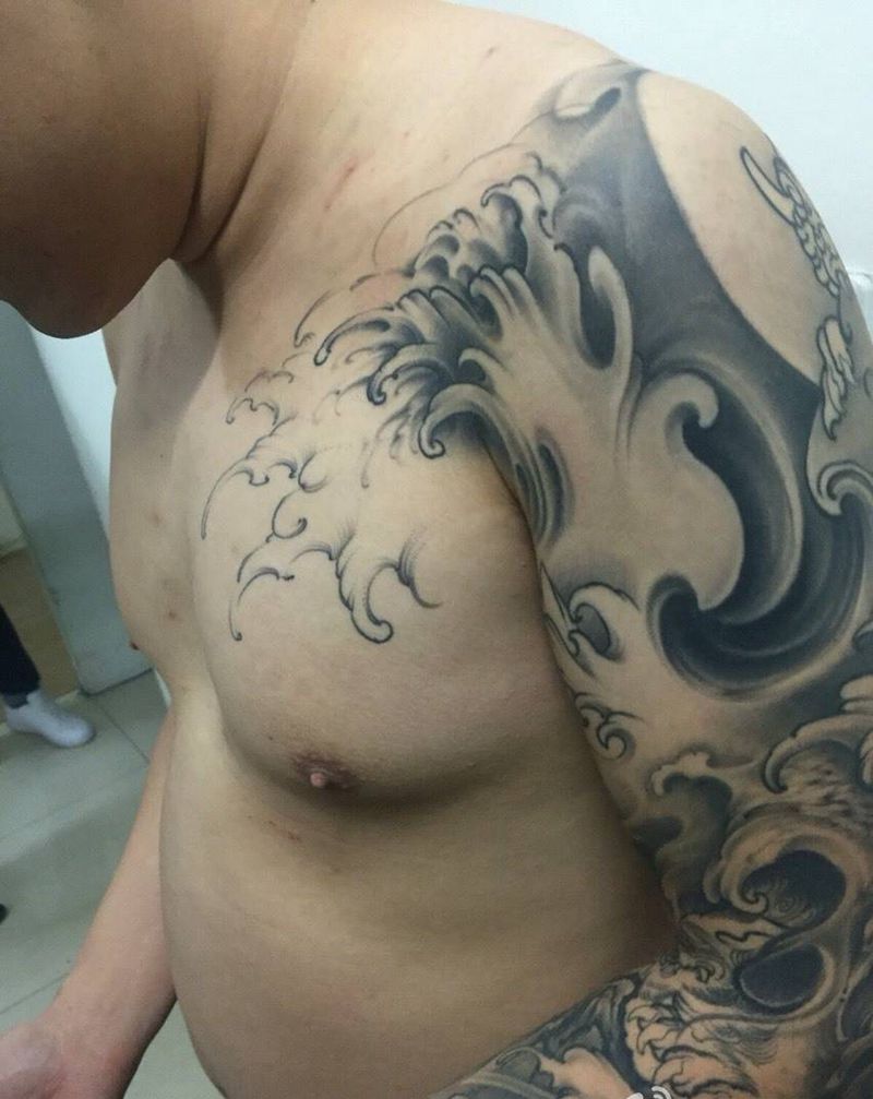 浪花 花臂纹身图片_成品手臂传统动物原创纹身图案