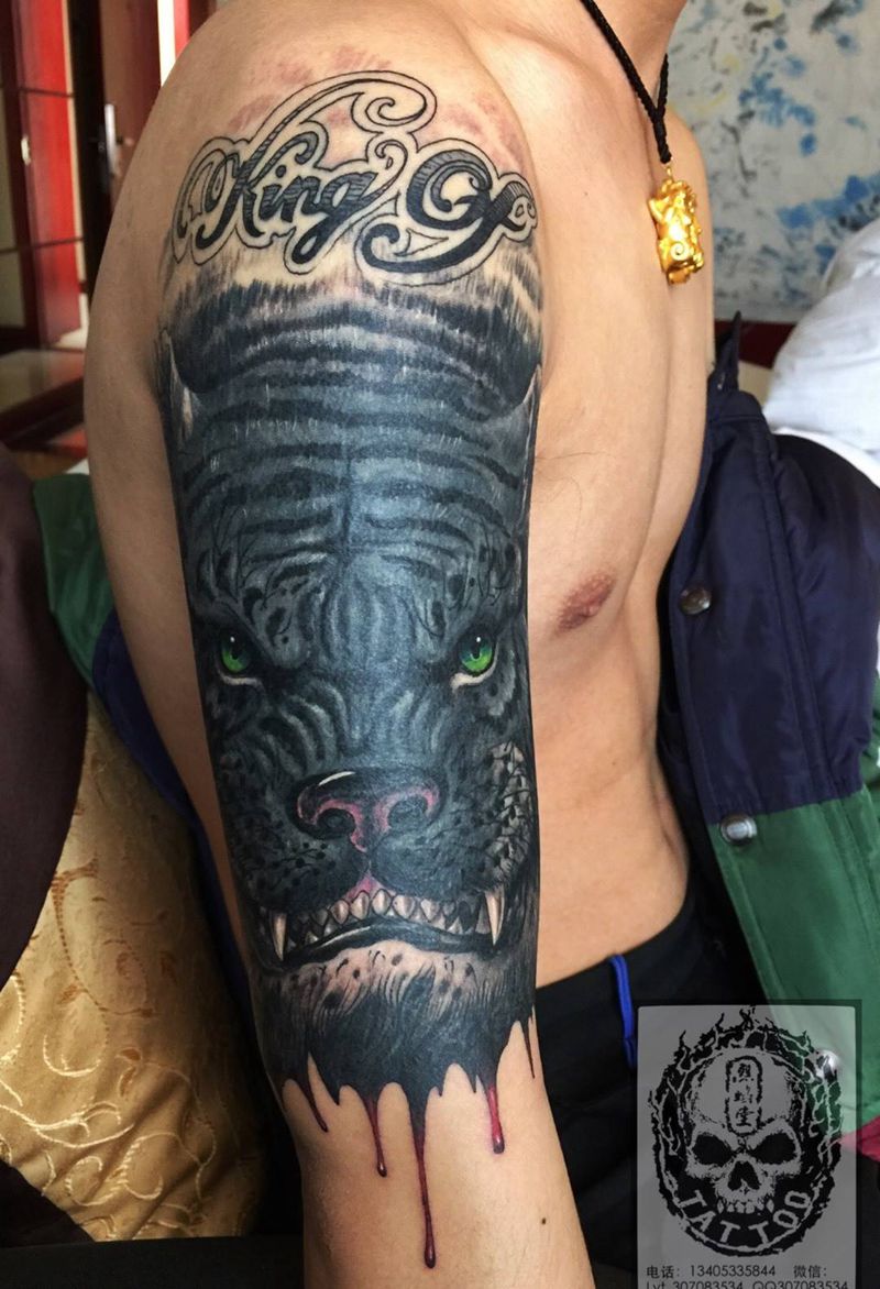暴力遮盖 黑虎纹身图片_成品肩部欧美原创神兽遮盖作品修改纹身图案