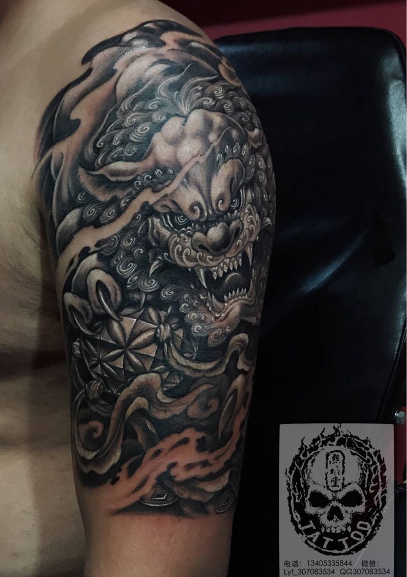 唐狮纹身图片_成品手臂传统动物神兽纹身图案