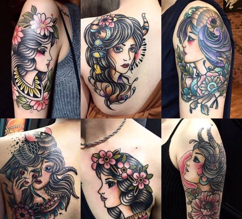 人物纹身图片_彩色new school人物美女肖像欧美纹身图案