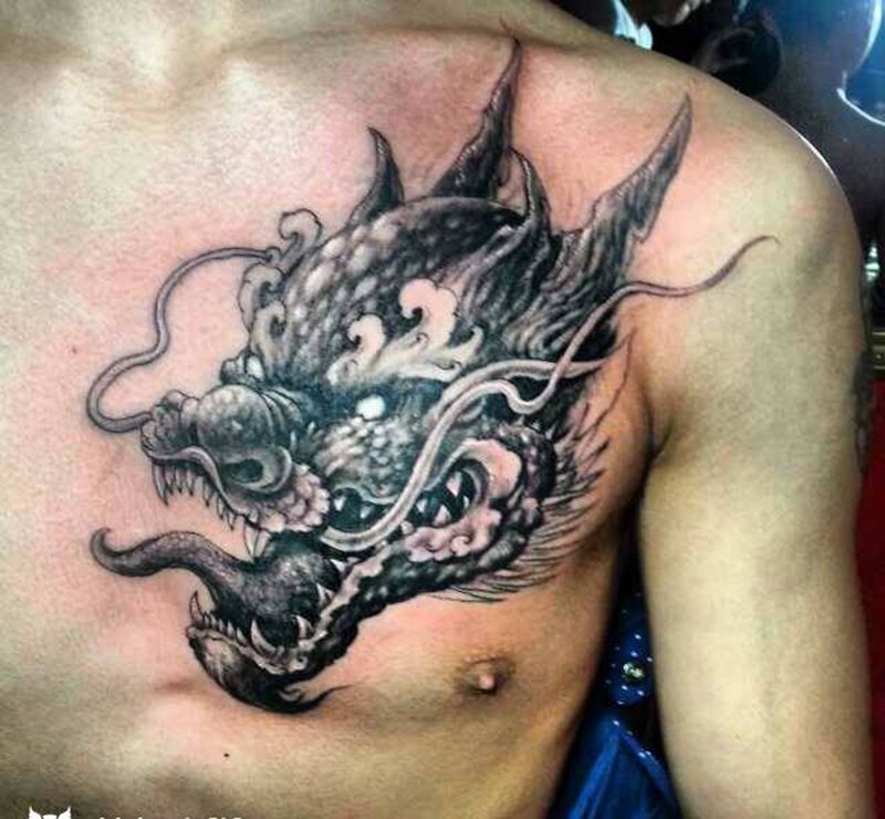 龙头纹身图片_成品胸部传统动物原创神兽纹身图案