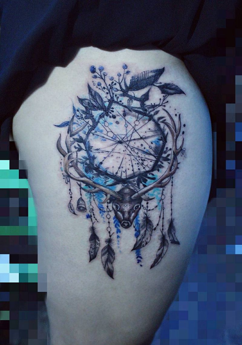 捕梦网纹身图片_腿部欧美清新动物植物成品纹身图案