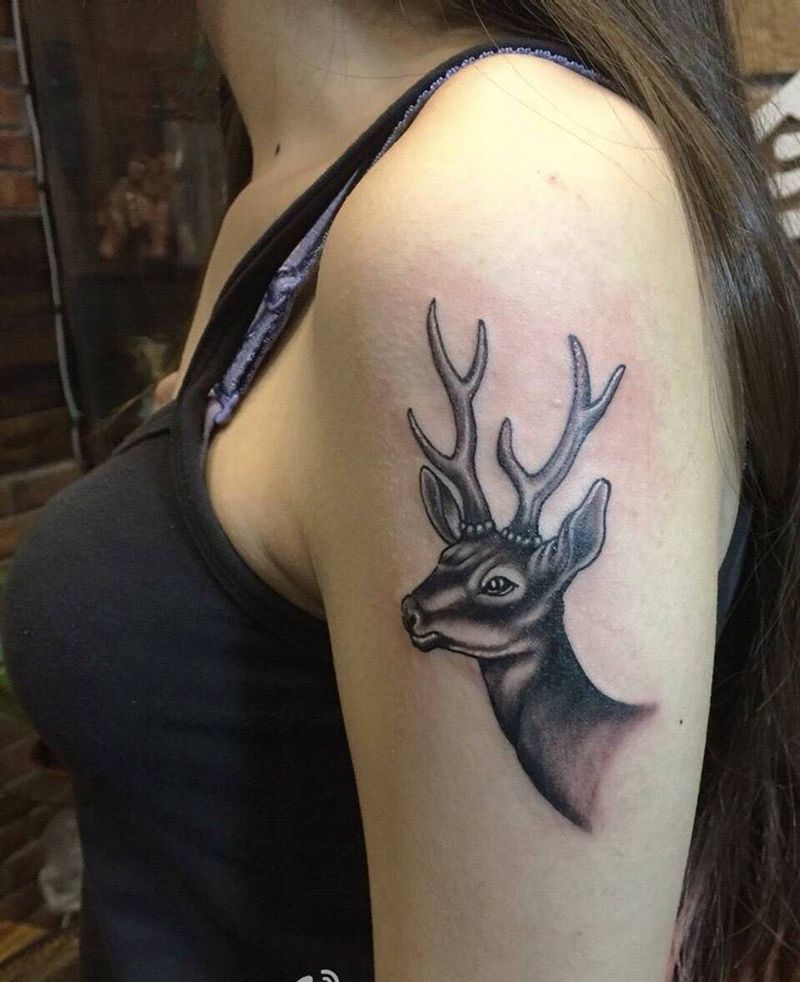 招财有鹿！纹身图片_成品手臂欧美清新动物大臂纹身图案