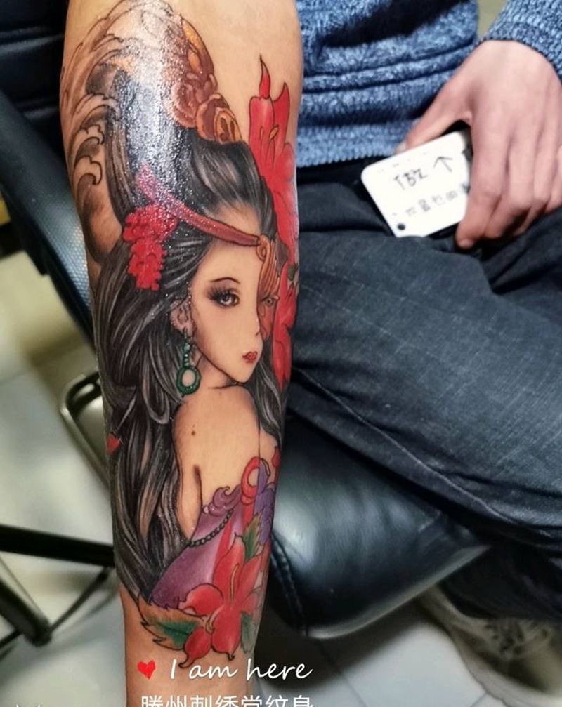 艺伎纹身图片_手臂老传统纹身图案