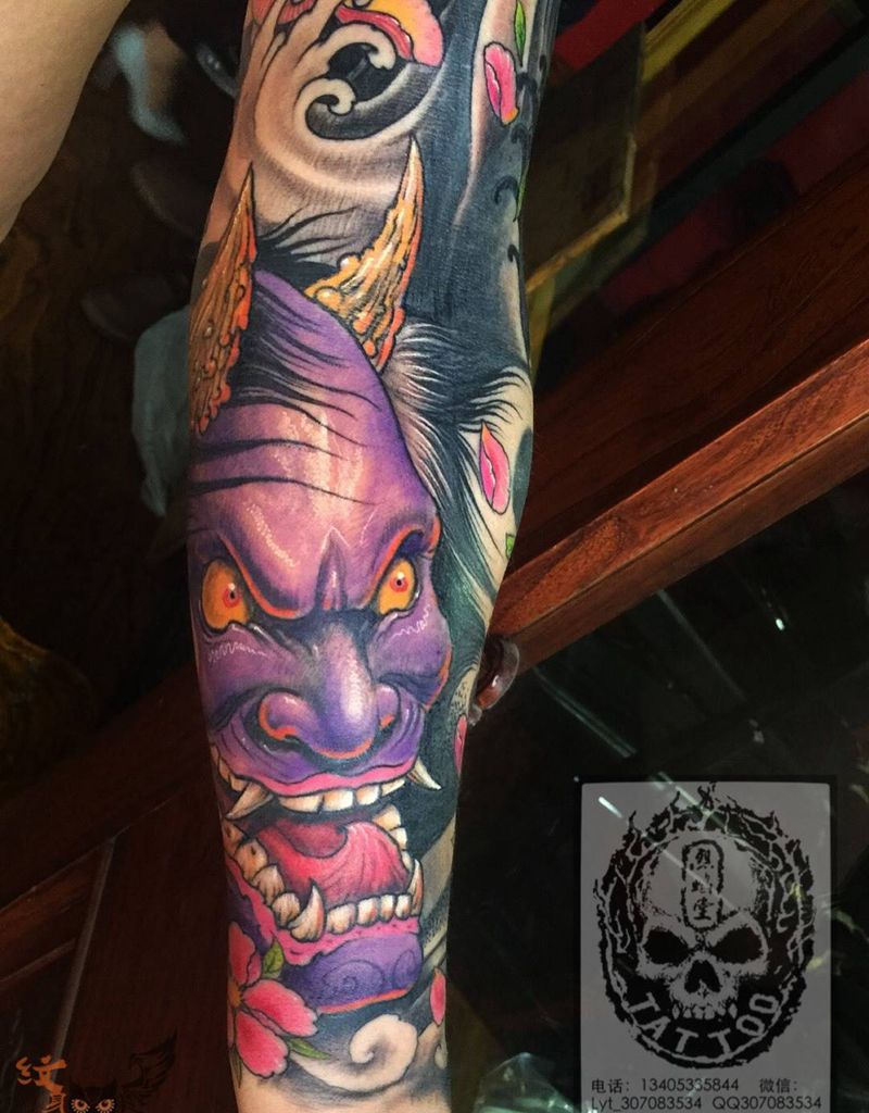 修改花臂纹身图片_手臂原创遮盖作品传统鬼神人物纹身图案