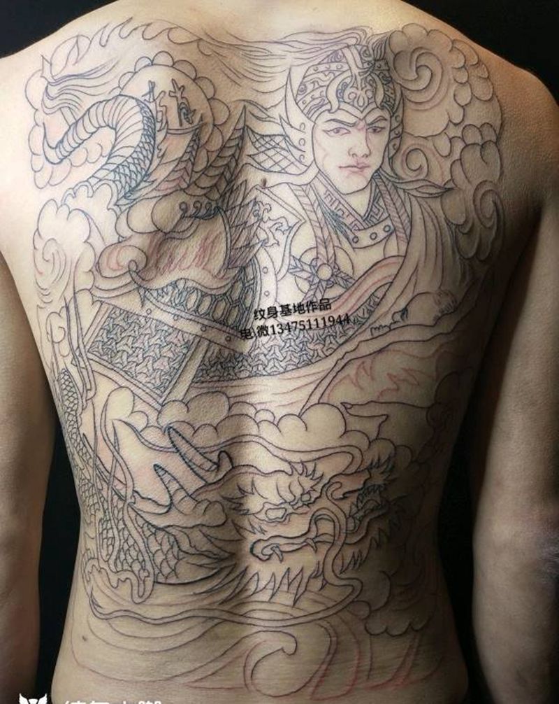 满背线条，下次上色纹身图片