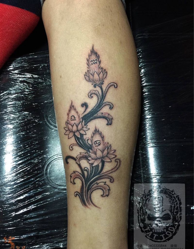 宝相莲花纹身图片_成品腿部原创图腾传统纹身图案