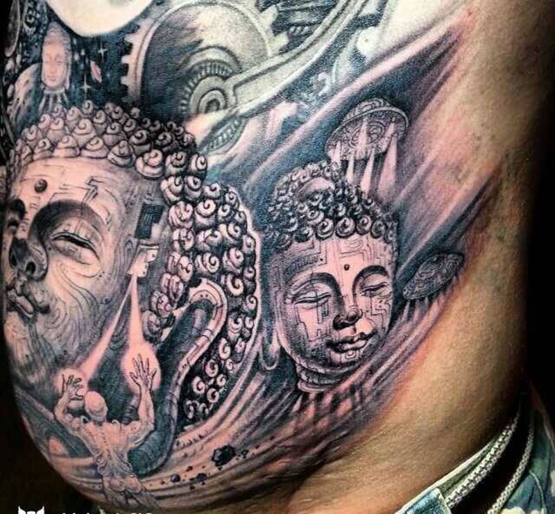 佛头飞行器纹身图片_成品腹部欧美原创宗教人物鬼神纹身图案
