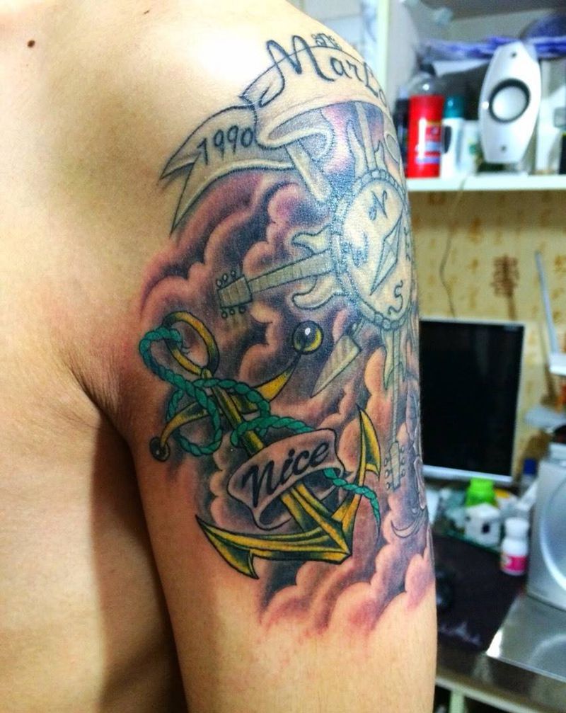 铁⚓与指南针纹身图片_成品手臂欧美原创大臂纹身图案