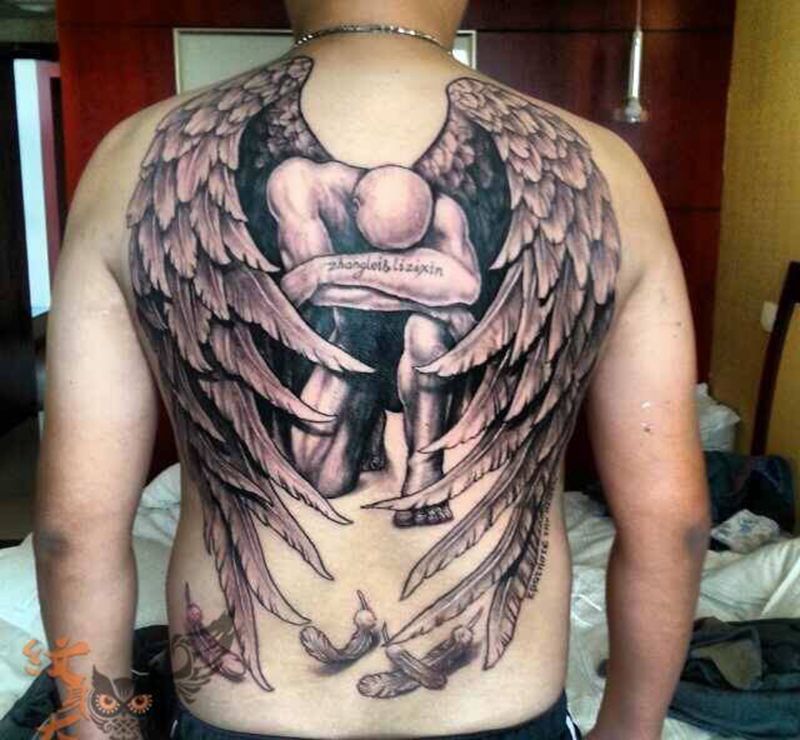 男性天使纹身图片_成品背部欧美人物宗教原创纹身图案