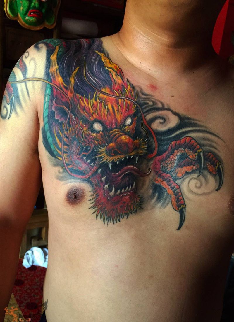 遮盖大龙纹身图片_成品肩部背部胸部传统原创遮盖作品神兽纹身图案